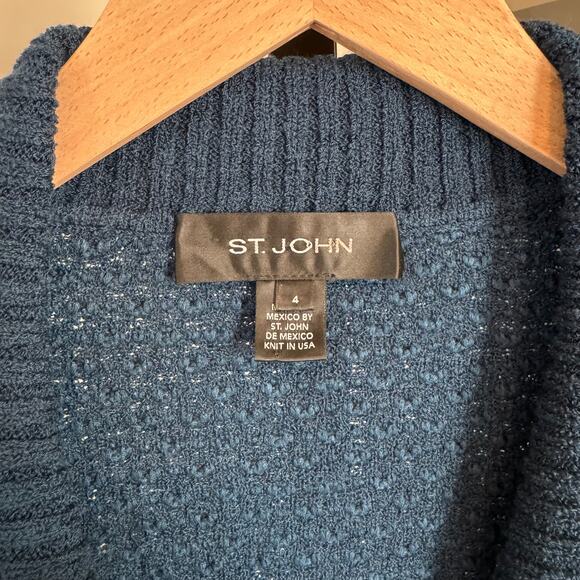 St. John Waffle Knit Jacket Blue Textured Button Front Wool Sweater Blazer 4 - Picture 5 of 6